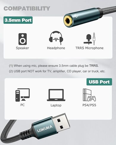 USB to 3.5mm Audio Jack Adapter, External Sound Card USB to Aux Stereo Converter Hi-Res DAC Chip Compatible with Headphones Speakers PC Laptops Desktops PS4 PS5 Windows Mac Linux - 12 inch in Saudi Arabia