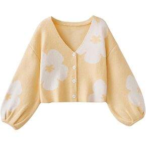 Verdusa Girl's Floral Knit Cardigans Bishop Long Sleeve Button Up Sweater Cardigan