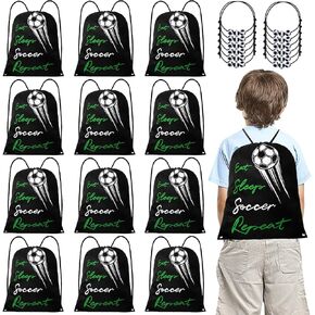 24 Pcs Soccer Party Favors for Kids, 12 Pcs Soccer Drawstring Bags & 12 Soccer Bracelets, Lightweight Drawstring Bags Adjustable Braided Soccer Charm Bracelet for Adults Boys Girls, Black