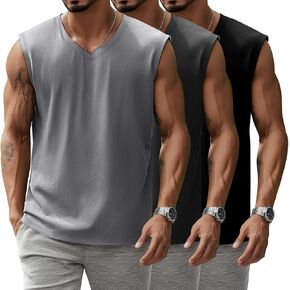 3 Pack Mens V Neck Tank Tops 95% Cotton Sleeveless Big and Tall Muscle Cut Off Shirts Gym Workout Tee