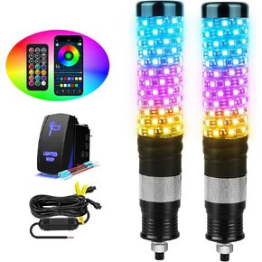 MICTUNING 2Pack 2ft Fat Whip Light RGB+IC Chasing, LED Whip with 8 Flags, RF Remote & Rocker Switch, Spiral Antenna Whips IP68 Waterproof for ATV UTV SXS RZR Can-Am X3 Off-Road