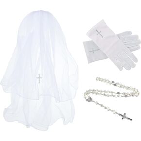 Girl's First Communion Set with Veil, Gloves, Pearl Rosary, Rhinestone Cross