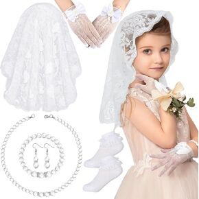 Newcotte 6 Pcs First Communion Veil Set for Girl Lace Gloves Sock Headpiece Pearl Earring Necklace for Tea Party Wedding