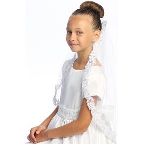 Swea Pea & Lilli Girls First Communion Veil - White Holy 1st Communion Headpiece with Comb, Corded Lace Trim, and Rhinestone Accents