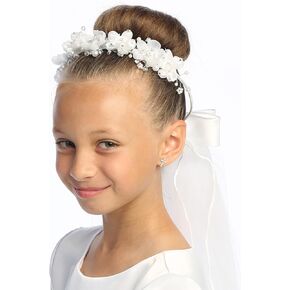 Swea Pea & Lilli Girls First Communion Veil - White Holy 1st Communion Headpiece with Headband and Flowers
