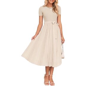 ZESICA Womens 2025 Summer Short Sleeve Midi Dresses Casual Crew Neck Knit Belted Pleated A Line Flowy Wedding Guest Dress