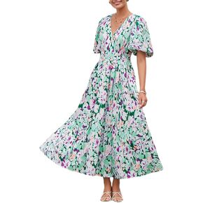 Sissyaki Women's Boho Floral Midi Dress Smocked Beach Flowy Dress