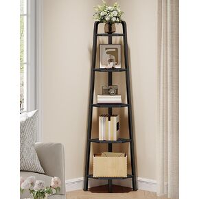 Corner Shelf, 5-Tier Ladder Corner Shelf, Ladder Bookshelf, 59.6" Tall Vertical Display Stand, Metal Frame Bookshelf, for Living Room, Bedroom, Kitchen, Greige and Black TCJ20BG