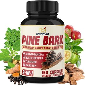 Pine Bark Capsules with Ashwagandha, Turmeric, Green Tea, Garcinia Cambogia, Moringa, Grape Seed, and Black Pepper - 150 Count - 5 Month Supply