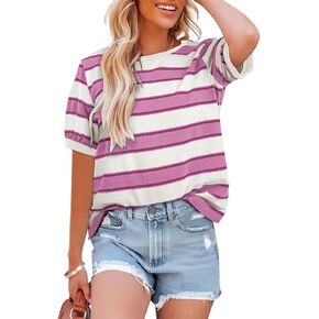 Dokotoo Womens Summer Tops 2025 Striped Color Block Short Sleeve T-Shirts Crewneck Casual Loose Basic Tee Blouses