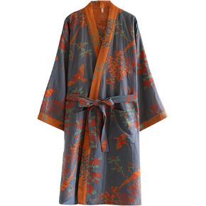 شاش مزدوج القطن التقليدي Hanfu midi-lightdress طباعة رداء الحمام الفضفاض