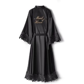 Crystal Dew Womens Lace Trim Long Bridal Kimono Robes With Embroidery Bride Bridesmaid Satin Bathrobe Wedding Gifts