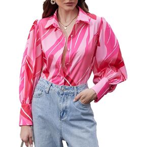 Genleck Blouses for Women Button Down Shirts Boho Floral Tops Long Sleeve V Neck Trendy Blouse Dressy Casual Fall Fashion