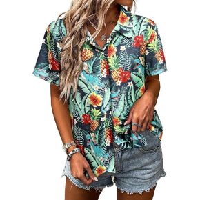 RMCMS Womens Hawaiian Shirt استوائية ديناصور طباعة بلوزة قصيرة الأكمام أسفل القمصان شاطئ Luau