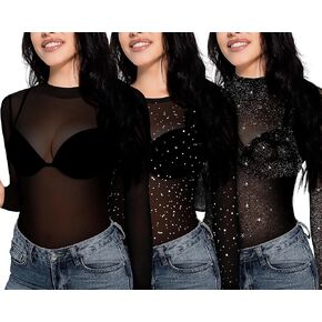 3 حزمة WOMENS GLITTER MESH TOPS Parkle Long Sleeve See عبر قميص BodyCon Blouse لـ Disco Clubwear