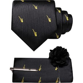 RBOCOTT Saxophone Holiday Black Ties for Men Novelty Fun Patterns Necktie and Pocket Square Tie Clip Lapel Pin Set 4PCS(5)