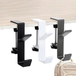 3Pack Purse Holder for Table, Desk Mount Bag Holder Hook Clamp On Backpack Hanger Hook Hole-Free No Paste Desk Clamp Portable Purse Table Hook for Table Hanging Storage(Black, White, Gray)