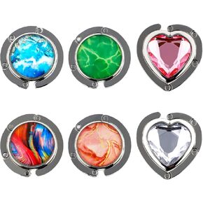 6Pcs Foldable Bag Hook for Table, Portable Folding Handbag Hangers, Round Heart Marble Diamond Purse Hanger, Gift Present for Woman Girl Hanging Bag on The Office Restaurant Desk
