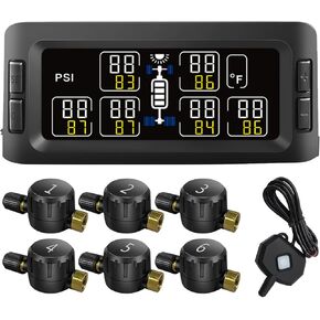 B-Qtech Trailer RV TPMS نظام مراقبة ضغط الإطارات الشمسية مع 6 مستشعرات تدفق وكرس إشارة ، 7 أوضاع إنذار في الوقت الحقيقي عرض ارتفاع ضغط الضغط لمركبات RVS Trailers Bus Motorhome Truck