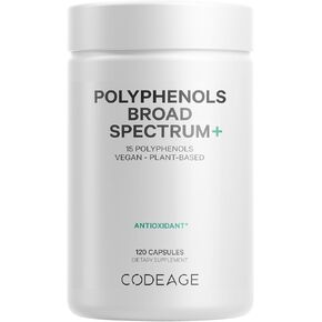 Polyphenols Codeage مكملات الطيف العريضة - مزيج من 15 التوت والفواكه والمستخلصات النباتية ، أوراق الشاي الأخضر Decaf ، كيرسيتين ، ريسفيراترول ، الرمان ، الكركم - غير المعدلة وراثيا - 120 كبسولات