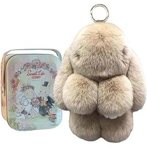 Bunny Lulu keychain with tin, handmade soft and cute rabbit pompom pendant, Bunny Cute Plush Keychain