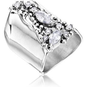 JEAN RACHEL JEWELRY 925 Sterling Silver Ring - Shield Ring with Cubic Zirconia - Vintage Design Statement Rings for Women - Hypoallergenic, Lead & Nickel Free Jewelry Artisan Handcrafted Collection