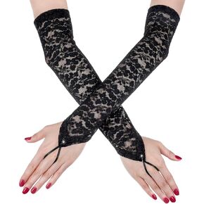 Women's Fingerless Lace Glove, Black Fingerless Lace Glove Elbow Vintage Length Opera Style, Sophisticated Formal Events, Costume Parties