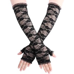 Lace Gloves 1 Pair Women's Long Lace Fingerless Gloves Women Long Party Gloves Accessories Mesh Tulle Super Long Gloves Lace Arm Sleeve Wedding Sleeves for Opera Evening Party Prom Cosplay 20s (Black)