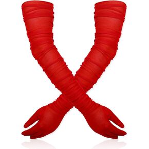Red Long Gloves for Women, Stretchy Ruched Gloves 27 Inch Long Gloves Mesh Tulle Gloves for Opera Party Wedding Costume Dance