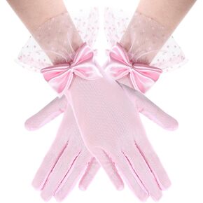 Women Lace Gloves, Bow Short Prom Gloves, Wedding Tea Party Glove, Pink Lace Glove, Evening Elegant Accessories for Wedding, Party, Opera, Cosplay