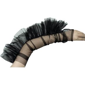 Girl's Super Long Semi-Sheer Mesh Gloves for Cocktail Party Gloves with Ruffle Puff Long Sleeve Black
