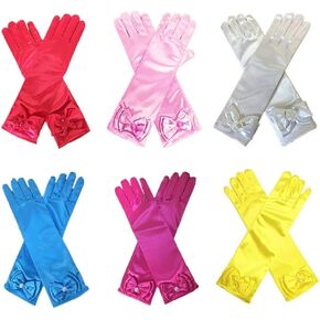 DH 6 Pairs Combo#2 Kid Stretch Satin Long Finger Pearl Bow Dress Gloves for Girl Children Party