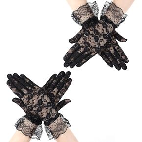 2 Pairs Black Lace Gloves for Women Tea Party Elegant Black Costume Gloves for Opera Evening Party Wedding Prom Halloween Cosplay