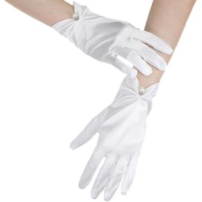 Satin Wrist Length Gloves for Women, Wrist-Length White Satin Gloves with Pearl, Suitable for Wedding Uniforms Tea Parties Opera Banquets