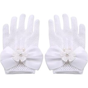 AKOAK 1 Pair Girls Net Bow Lace Pearl Embellished Gloves, Stage Show/Party Supplies/Wedding Flower Girls/Ceremony Coronation Accessories