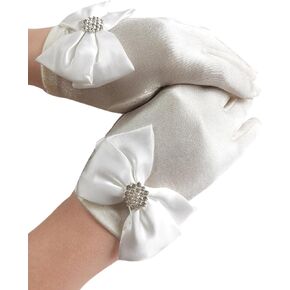 Leimandy Short Satin Gloves Wrist Length Ivory Gloves Flower Girl Tea Party Gloves for Girls Bow First Communion Gloves J2