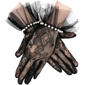 Long Keeper Lace Gloves for Women - Ladies Elegant Tulle Wedding Pearl Gloves Short Opera Tea Party Floral Bridal Gloves