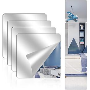 4 Pack Acrylic Mirrors for Wall,8 x 8 Inch Self Adhesive Frameless Small Mirror Tiles, Flexible Plastic Mirror Sheets for Bedroom Home Gym Door (8 * 8 inch)
