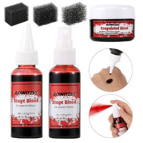 Bowitzki مزيف الدم 3pcs مرحلة الدم + رش الدم + الدم المتخثر واقعية قابلة للغسل للمؤثرات الخاصة SFX مكياج Zombie Vampire Monster Party Halloween Christmas