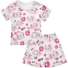 Pajama Sets Short Sleeve Pink Axolotl Set Flowers Soft Cotton Summer Sleepwear 2 Piece PJS Size 5-14T