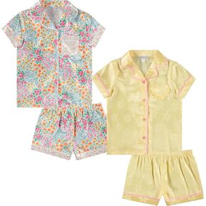 BTween Girls Satin Pajama Set 4-Pack, Short Sleeve Button-Down Sleepwear for Kids, Soft and Breathable Nightwear
