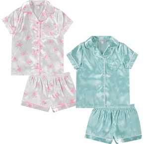 BTween Girls Satin Pajama Set 4 Pack, Short Sleeve Button-Down Sleepwear for Kids, Soft and Breathable Nightwear in Kuwait