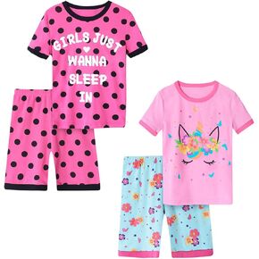 Girls Pajama Set, 4-Piece Cotton Pajamas Short Summer PJs Kids Sleepwear