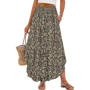 ANRABESS Women's Summer Boho Floral Maxi Skirts High Waisted Flowy Swing Pleated Beach Long Skirt with Pockets