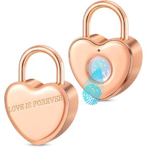 Cute Heart Fingerprint Padlock Small Rose Gold Locker Lock for Women Smart Finger Print Padlock for Gym Locker, Backpag, Mailbox, Travel Suitcase