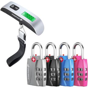 Fosmon TSA Approved Locks for Luggage 4 Pack, 3 Digit Combination Suitcase Locks with Open Alert Indicator + Digital Hanging Luggage Scale, Baggage Scale with 110lbs Capacity