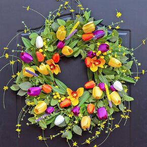 Spring Wreath 24 Inch Spring Wreaths for Front Door with Colorful Tulip Daisy and Yellow Berry，Spring Door Wreath for Outdoor Spring and Summer Wreath for Front Door Outside Door Wreath for Spring