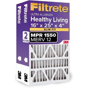فلتر هواء Filtrete 16x25x4 MPR 1550 DP MERV 12، طية عميقة فائقة الحساسية من Healthy Living، عبوتان مقاس نحيف (عرض 3.75 بوصة)، يناسب أجهزة Lennox وHoneywell (الأبعاد الدقيقة 15.5 × 24.5 × 3.75)