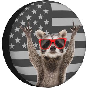 Spare Tire Cover for RV Camper Raccoon American Flag, Weatherproof Universal Wheel Cover for RV Travel Trailer Camper Truck 15inch