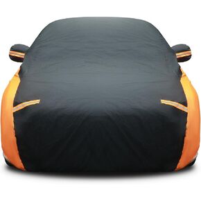 Riakrum Full Car Cover Waterproof Most Weather for Automobiles, Outdoor Full Cover Rain UV Protection Sun, Scratch Resistant Windproof (Fit Sedan Length (185-193'') 70'' H,Black, Orange)